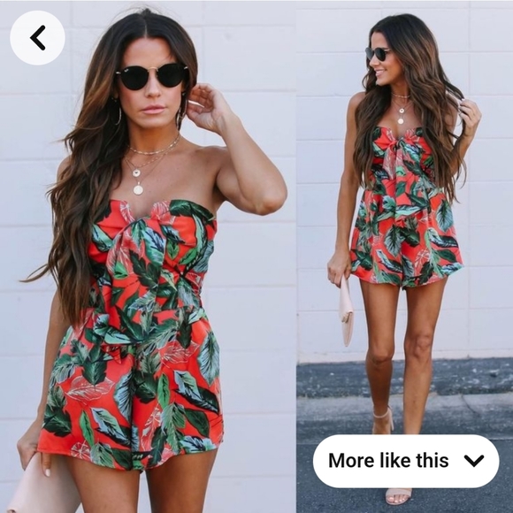 Highest Temp Palm Print Strapless Tie Front Romper - Picture 1 of 5